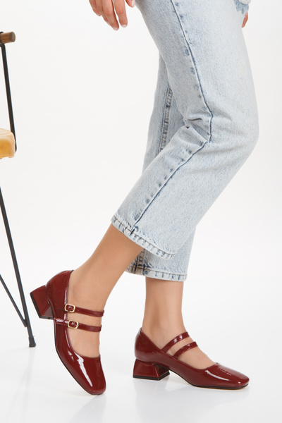 ALNASER MODA Mary Jane Patent Leather Women's - Double Striped, Square Toe Closed Low Heel Shoes