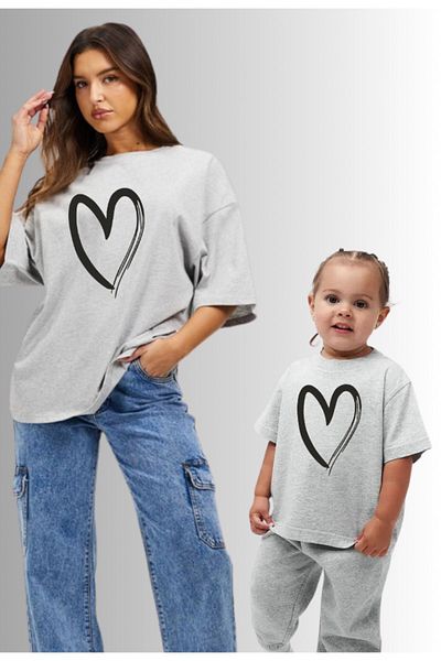 Pink Sky Heart Printed Mother and Daughter T-shirt - Single Product Add 2 Baskets to Make a Combination