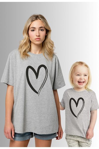 Pink Sky Heart Printed Mother and Daughter T-shirt - Single Product Add 2 Baskets to Make a Combination