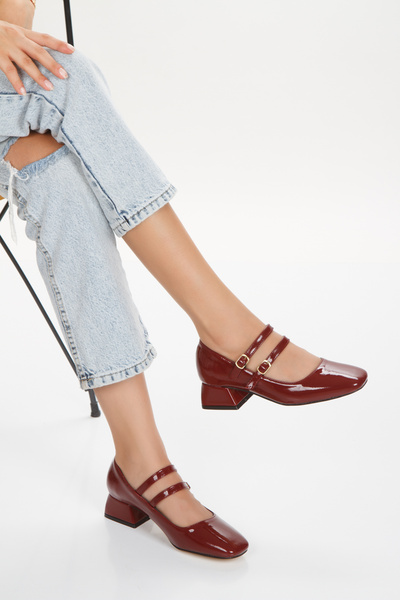 ALNASER MODA Mary Jane Patent Leather Women's - Double Striped, Square Toe Closed Low Heel Shoes