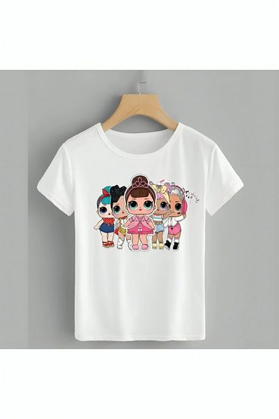 Pink Sky Fete - Tricou alb cu decolteu, imprimeu Lol Doll, mânecă scurtă din bumbac