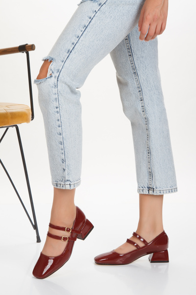 ALNASER MODA Mary Jane Patent Leather Women's - Double Striped, Square Toe Closed Low Heel Shoes