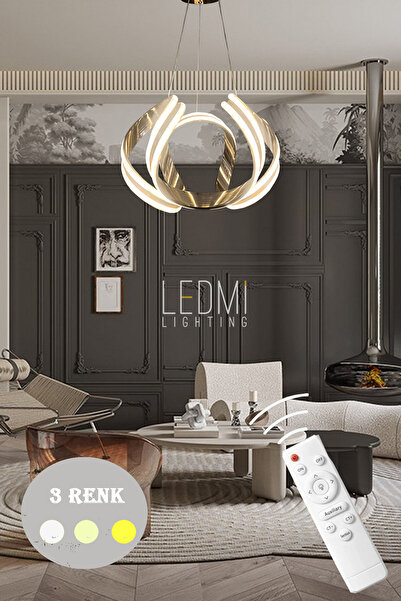 Ledmi Lighting Gold  Kumandalı Ledli Avize, Salon Avizesi, Modern Aydınlatma Avizesi, Tasarım Ledli Avize