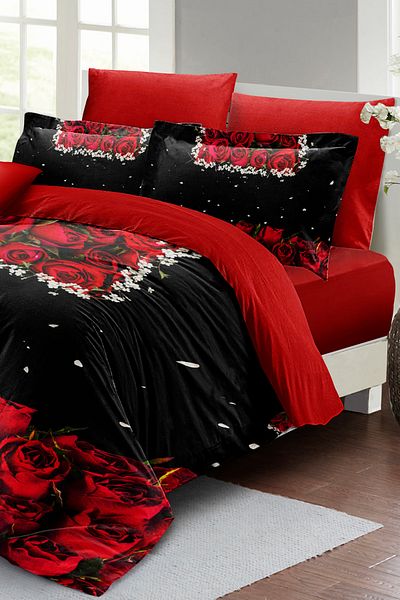 MonoHome Valentine's Day Special Double Duvet Cover Set Cotton Satin Black Roses
