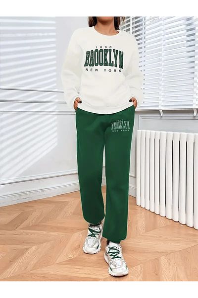 QUEENSTOWN White Nefti Green Brooklyn Printed - Crew Neck Oversize Γυναικεία αθλητική φόρμα 3 νημάτων