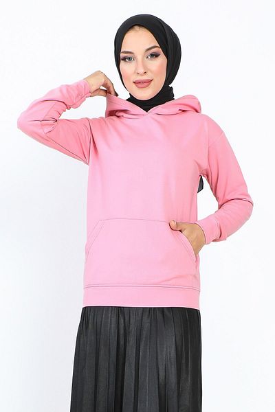 Tesettür Dünyası Hooded Short Sweatshirt Tsd230427 Dried Rose