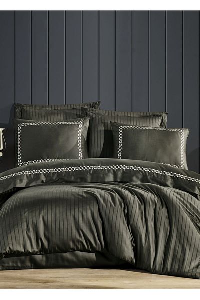 Dantela Khaki Color Double Embroidered Duvet Cover Set - Cotton Satin