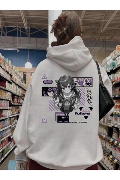 Touz Moda Φούτερ με λευκή κουκούλα Harajuku Anime Girl με στάμπα