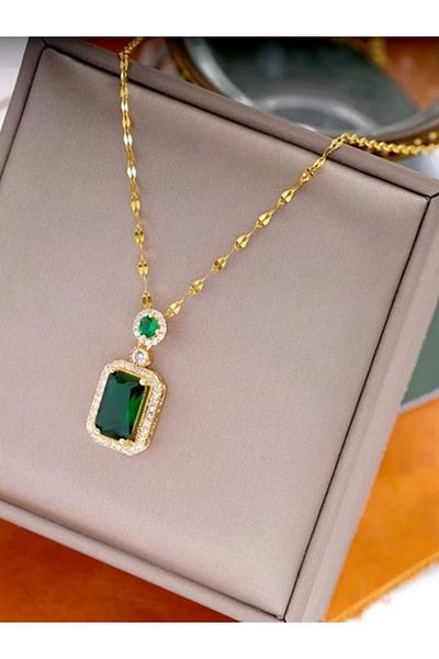 Shisa Jewel Green Trendy S925 Zircon Necklace and Post Earring Ring Set - 24 Carat Square Zircon