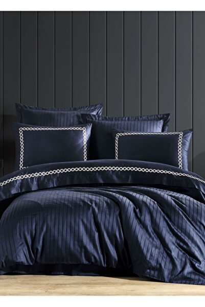 Dantela Nüans Pamuk Saten Çift Kişilik Nevresim Takımı - Lacivert