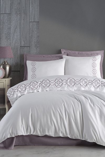 Dantela Cotton Satin Embroidered Double Duvet Cover Set - Victoria