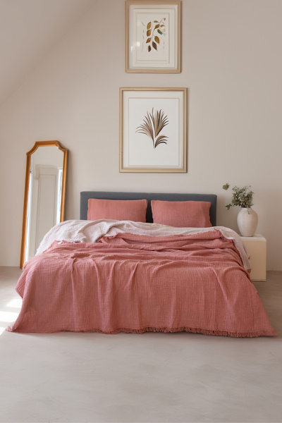 vivamaison 4 LayersMuslinCotton Single Pique Bedspread - Double SidedTerracottaColored 160x240 Cm