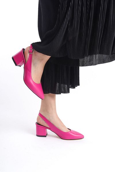 YASEMİN Pantofi de damă Fleur din piele fucsia roz, cu cataramă cu spatele deschis, cu toc gros de 6 cm