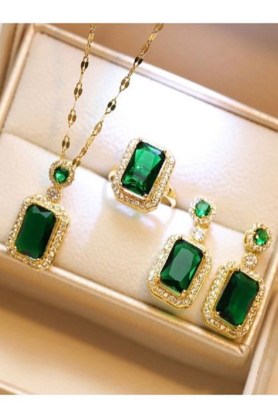 Shisa Jewel Green Trendy S925 Zircon Necklace and Post Earring Ring Set - 24 Carat Square Zircon