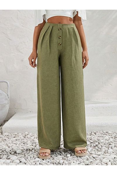 diaves Linen Blended Khaki Loose Cut Trousers - Buttoned