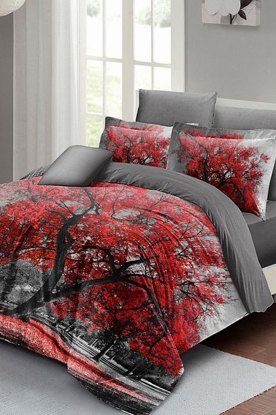PerlaSera 3D Custom Design Duvet Cover Set - Tightly Woven Cotton Satin, Double, Red Tree