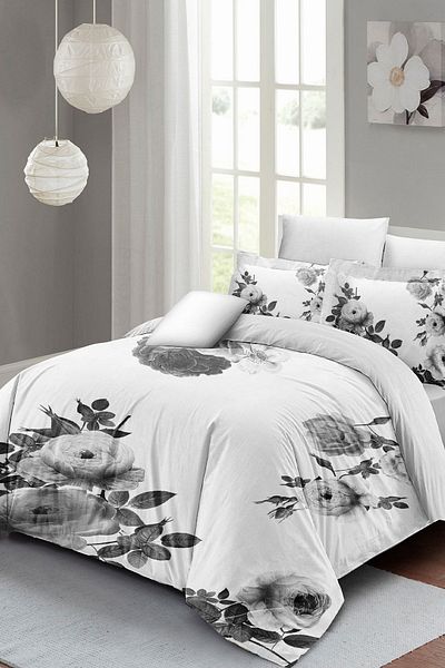 PerlaSera 3D Custom Design - Double Cotton Satin Duvet Cover Set, Black White Flower