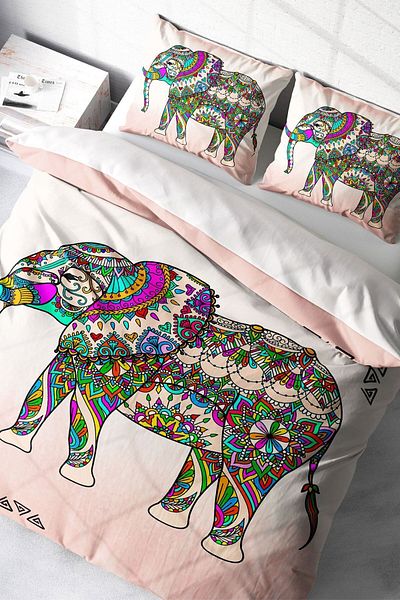 PerlaSera 3D Custom Design - Double Duvet Cover Set, Tightly Woven Cotton Satin, Elephant Natural