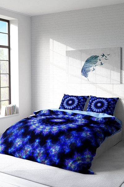 PerlaSera 3D Custom Design - Double Duvet Cover Set, Tight Woven Cotton Satin, Blue Damask