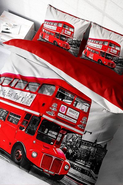 PerlaSera 3D Custom Design - Double Duvet Cover Set, Tightly Woven Cotton Satin, London Bus