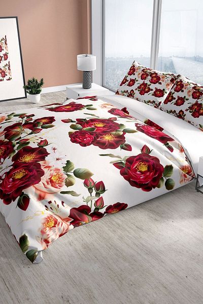 PerlaSera Red Rose 3d Cotton Satin Double Duvet Cover Set