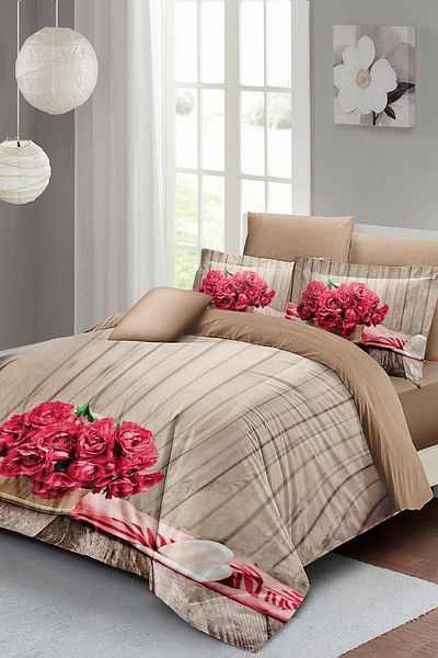 PerlaSera 3D Custom Design - Double Duvet Cover Set, Pink Flowers, Tight Woven Cotton Satin