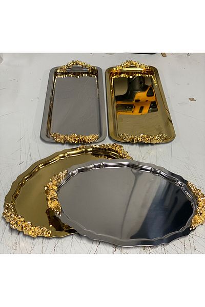 Elzemm store 2 Model Presentation Tray - Gold and Silver, Handled Baton and Oval Model