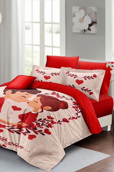 MonoHome Valentine's Day Special Double Duvet Cover Set Cotton Satin First Love