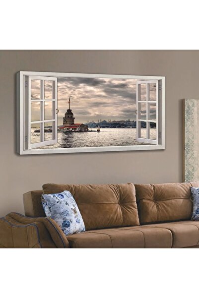 HD Sanatsal Pencere Efektli Kız Kulesi - Tek Parça Kanvas Tablo