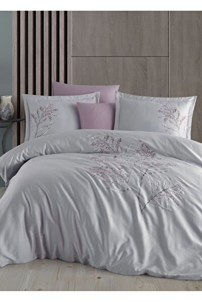 Dantela Blesk Nakışlı Pamuk Saten Nevresim Takımı - Gri