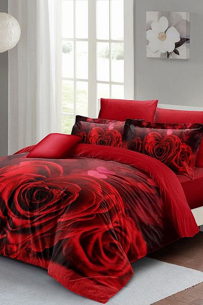 MonoHome Double 100% Natural Cotton Duvet Cover Set - 3D Digital Roses and Love Heart