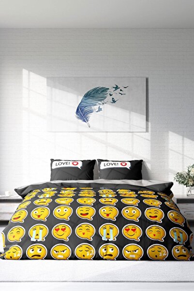 PerlaSera 3D Спеціальний дизайн - Двоспальний комплект постільної білизни, щільно тканий бавовняний сатин, I Love Emoji