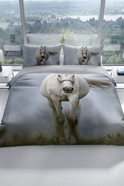 PerlaSera Horse 3d Cotton Satin Double Duvet Cover Set