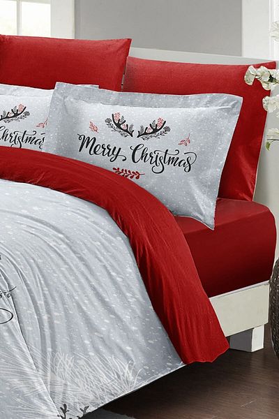 MonoHome Christmas Duvet Cover Set (With Elastic Sheets) Double 100% Cotton Satin Wishing Christmas