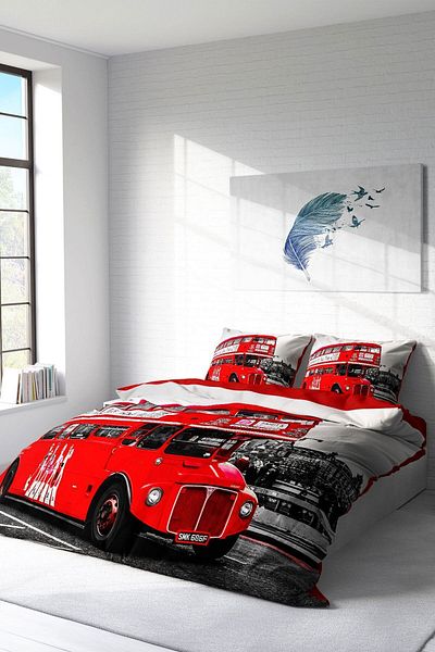PerlaSera 3D Custom Design - Double Duvet Cover Set, Tightly Woven Cotton Satin, London Bus