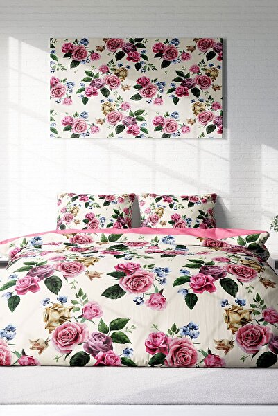 MonoHome Dance Of Roses - Set cuvertură dublă din satin 100% bumbac, cu cearș...