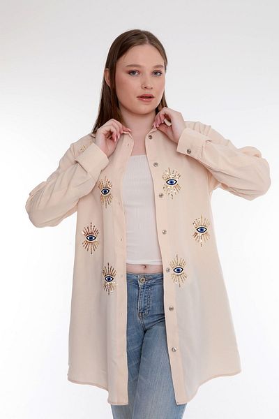 JESSE STORY FEMEIE CULOARE BEJ ALBASTRU EVIL EYE CU MÂRGELE BRODAT ROCHIE CAMAȘĂ TUNICĂ