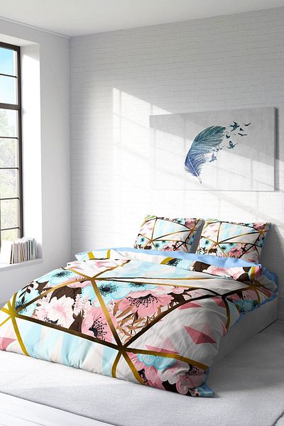 PerlaSera Goldline Flowers - Duvet Cover Set with 3D Special Design, Double, Cotton Satin