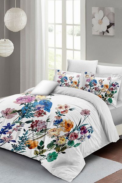 PerlaSera 3D Custom Design - Double Duvet Cover Set, Tightly Woven Cotton Satin, Flower Mix
