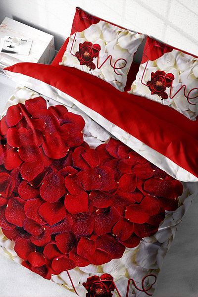 MonoHome 100% Cotton Satin Double Duvet Cover Set with Fitted Sheets Heart Rose