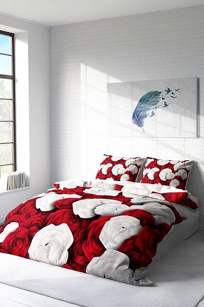 PerlaSera 3D Custom Design - Double Cotton Satin Duvet Cover Set, White & Red