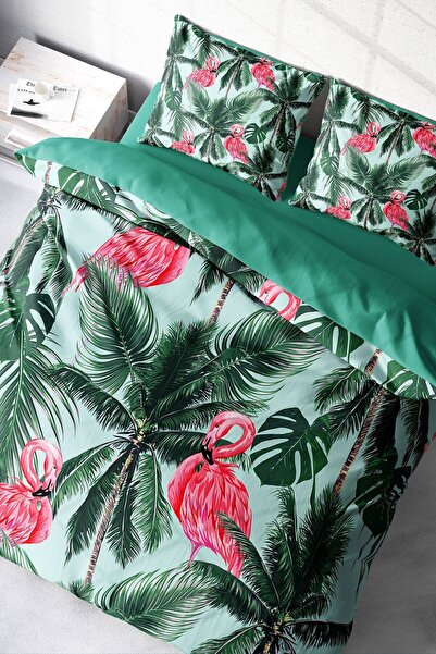 MonoHome Lastikli Çarşaflı Pamuk Saten Çift Kişilik Nevresim Takımı Flamingo II