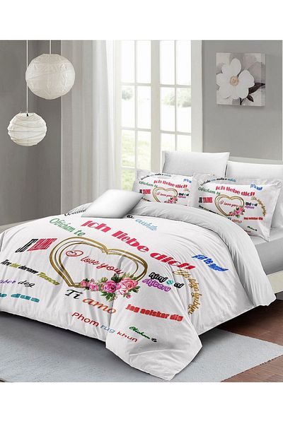 MonoHome Valentine's Day Special Double Duvet Cover Set Cotton Satin White Love in Every Language