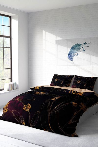 PerlaSera Black Flower Pattern 3D Cotton Satin Duvet Cover Set - Double