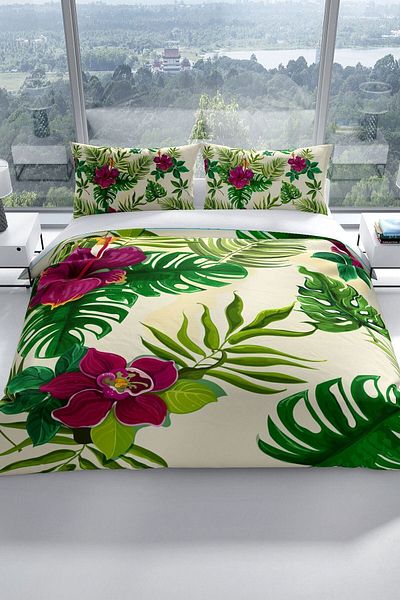 PerlaSera Green 3d Cotton Satin Double Duvet Cover Set