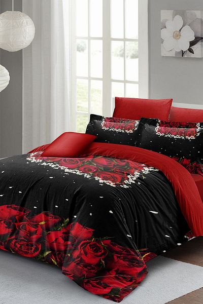 MonoHome 100% Cotton Satin Double Duvet Cover Set with Fitted Sheets Black Rose