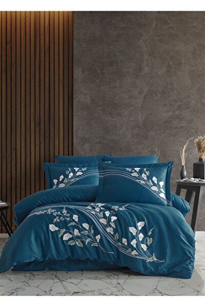 Dantela Cala Pamuk Saten Nakışlı Çift Kişilik Nevresim Takımı - Petrol