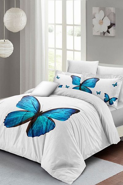 PerlaSera 3D Custom Design - Double Cotton Satin Duvet Cover Set, Blue Butterfly