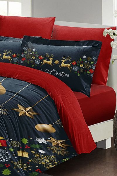 MonoHome Christmas Duvet Cover Set (With Elastic Sheets) Double 100% Cotton Satin Deer Christmas