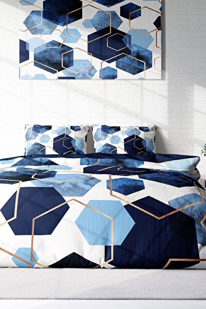 PerlaSera 3D Спеціальний дизайн постільна білизна - Щільна тканина з бавовняного сатину, двоспальне, Blue Hexagon